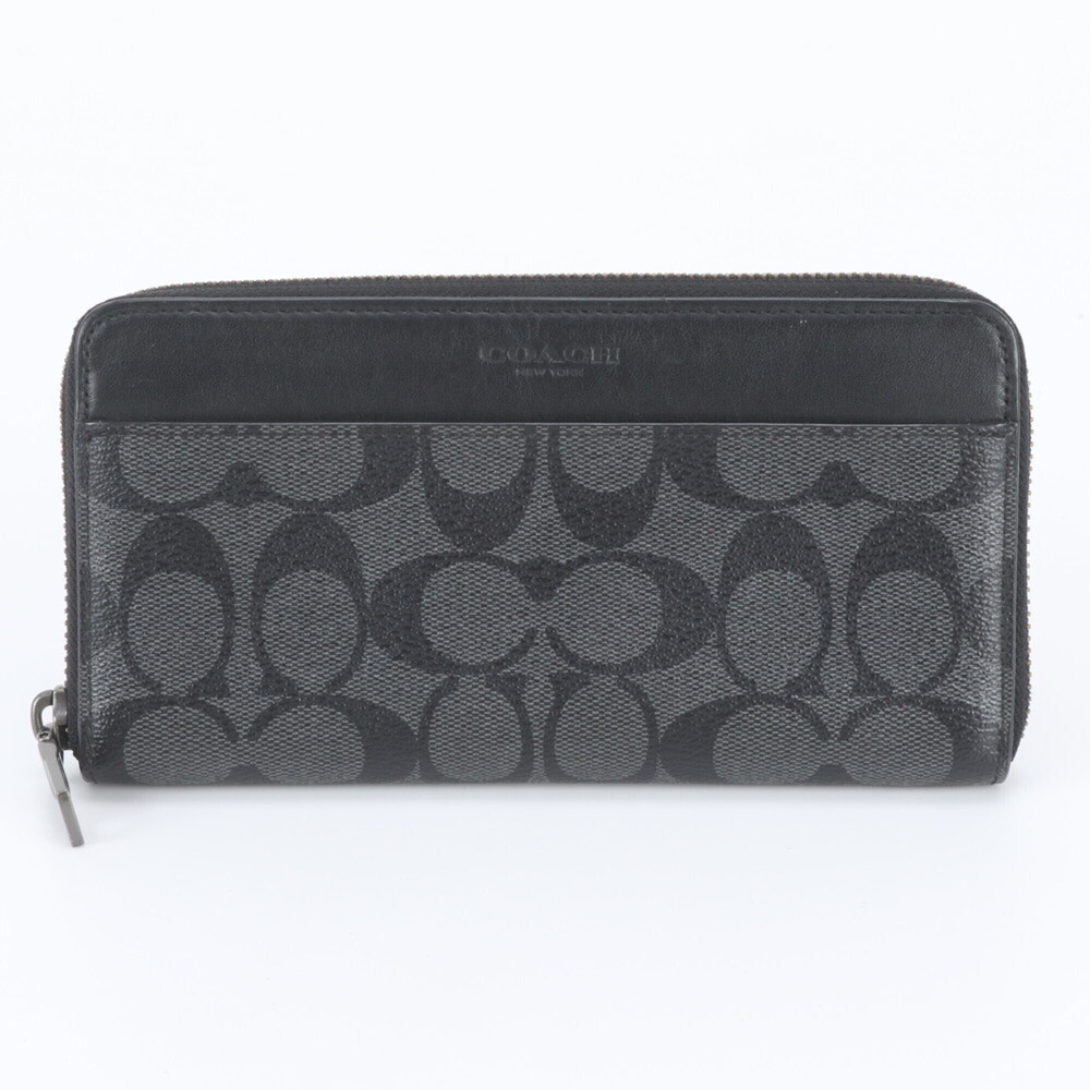 Coach Signature Leather Long Wallet, Round Zipper, Black, Men's